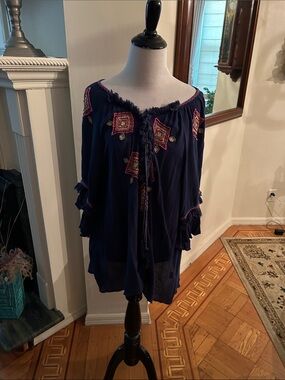 Navy Embroidered Off-Shoulder Peasant Blouse